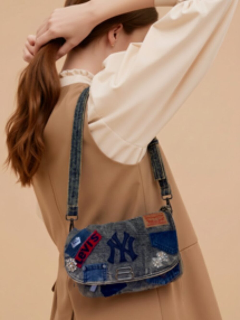 Upcycled denim Yankee and levi patchwork inspired handbag
